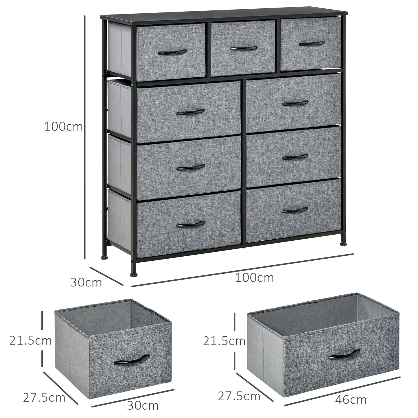 HOMCOM Drawers Storage Chest Dresser Organizer Unit , Easy Pull Fabric Bins, for Bedroom, Hallway, Entryway, Black & Grey