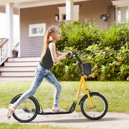 HOMCOM ids Scooter Teen Ride On Children Scooter with Adjustable Handlebar 2 Brakes Basket Cupholder Mudguard 16" Inflatable Rubber Tyres for 5-12 years old Orange