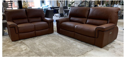 Legacy 3 Seater Electric + 2 Seater Static New Trend Brown Semi Aniline Sofa Set With Contrast Stitching And Black Piping