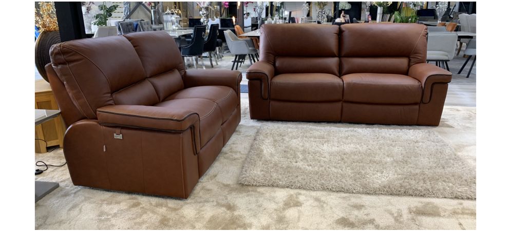 Legacy 3 Seater Electric + 2 Seater Static New Trend Brown Semi Aniline Sofa Set With Contrast Stitching And Black Piping