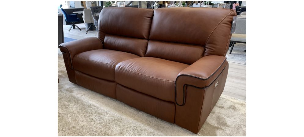 Legacy 3 Seater Electric + 2 Seater Static New Trend Brown Semi Aniline Sofa Set With Contrast Stitching And Black Piping