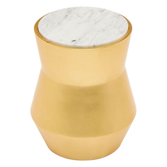 Leno 46cm Gold and White Marble Drum Side Table with Mahogany Base