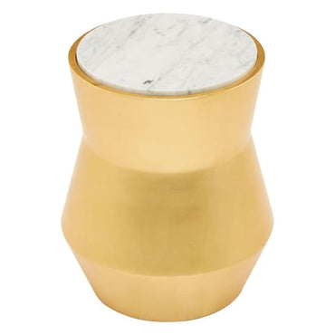 Leno 46cm Gold and White Marble Drum Side Table with Mahogany Base