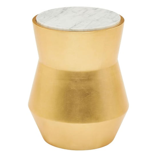 Leno 46cm Gold and White Marble Drum Side Table with Mahogany Base