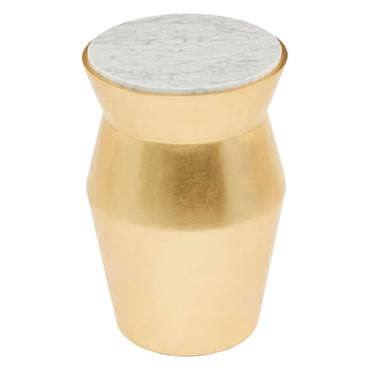 Leno 56cm White Marble Drum Side Table with Gold Mahogany Base