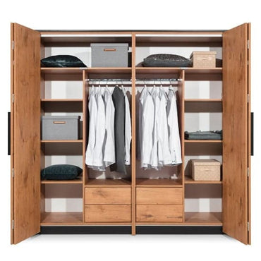 Lancelot Oak Folding Door Mirrored Wardrobe with Ample Storage | Folding | Oak | Mirror, Shelves, Drawers | 2 Doors | 204cm