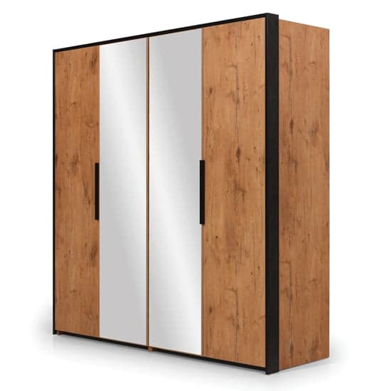 Lancelot Oak Folding Door Mirrored Wardrobe with Ample Storage | Folding | Oak | Mirror, Shelves, Drawers | 2 Doors | 204cm