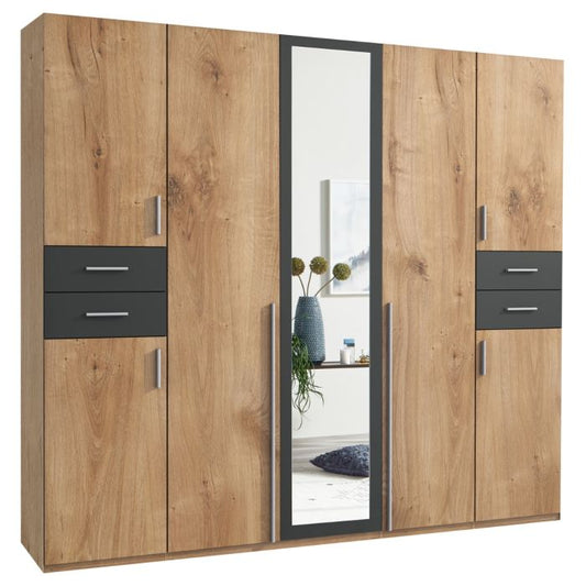 Fenton 5-Door Mirrored Wardrobe with Drawers in Oak & Graphite | Spacious Storage Solution