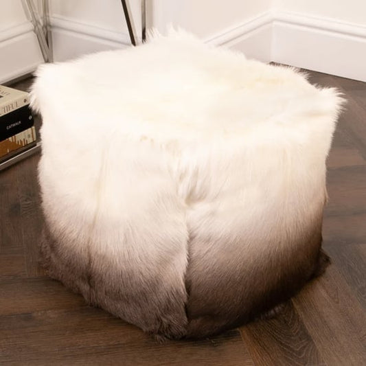 Ivory and Brown Goatskin Ombre Pouffe - Luxurious Seating and Home Decor Accent