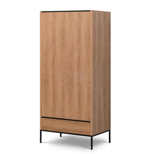 Caramel Oak 2-Door Wooden Wardrobe with 5 Shelves and Drawer | Hinged | Caramel Oak | 5 Shelves and Drawer | 2 Doors | 90cm