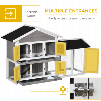 PawHut 2 Tier Wooden Rabbit Hutch, Guinea Pig Cage, Bunny Run, Small Animal House for Indoor Outdoor with Slide-out Tray, Ramp, 150 x 55 x 91cm, Grey