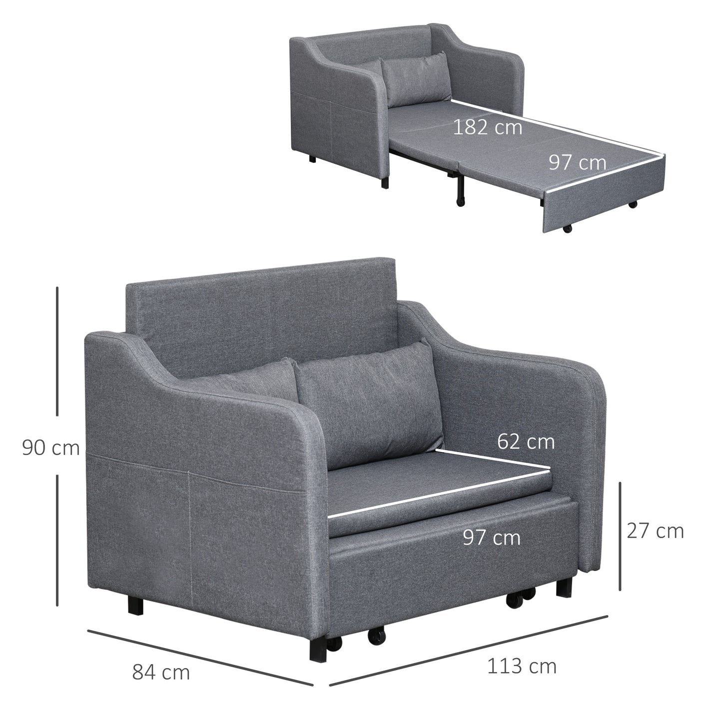 HOMCOM 2 Seater Sofabed, Pull Out Sofa Bed with Pillows and Side Pockets, Convertible Sleeper Couch for Living Room, Grey Fabric