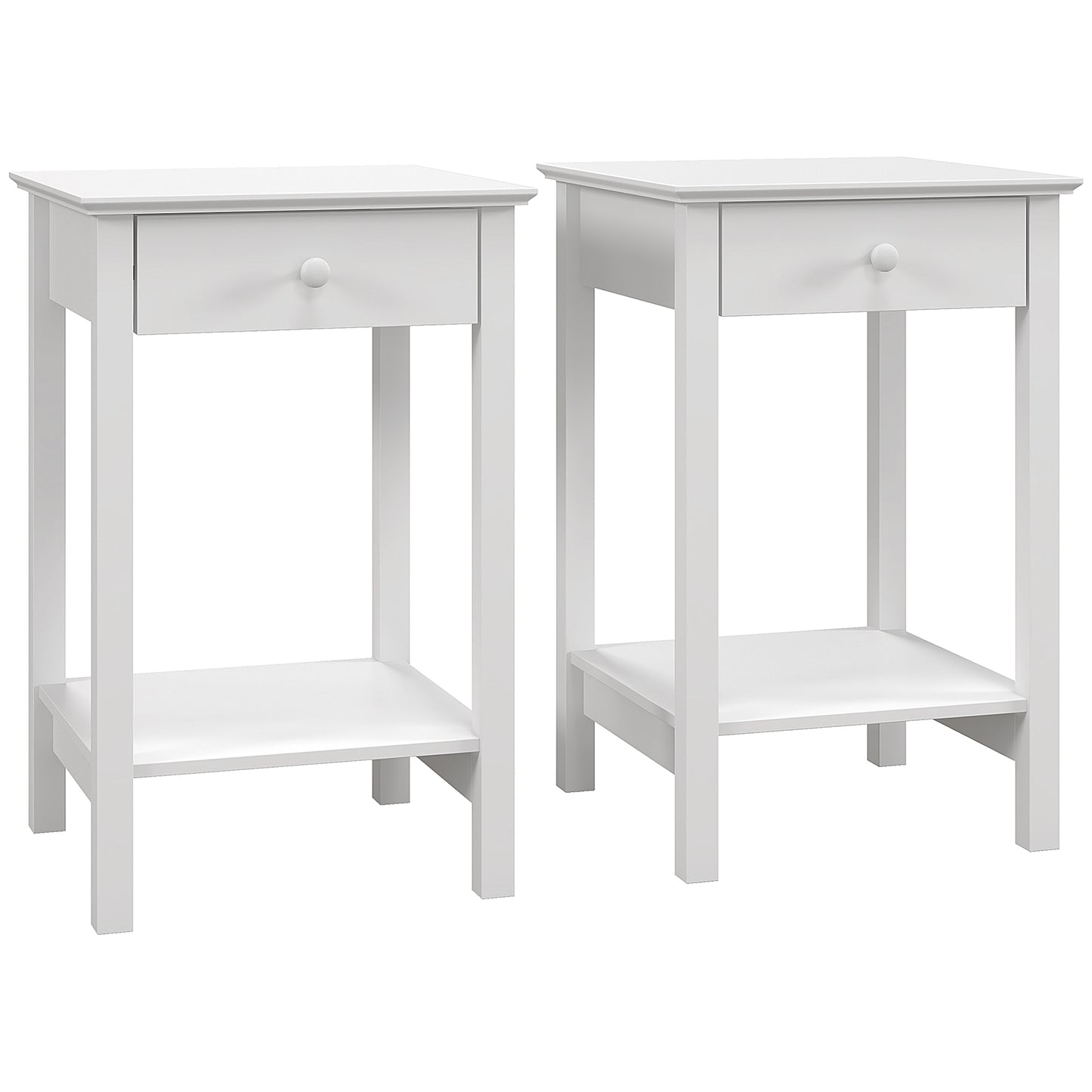 HOMCOM hite Bedside Table, Wooden Side Table, Nightstand, Bedside Cabinet with Drawer and Storage Shelf for Bedroom and Living Room, Set of 2