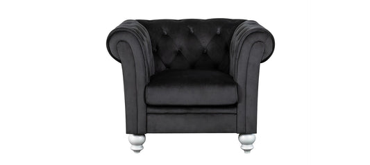 Black Velvet Chesterfield Armchair with Hardwood Frame and Wooden Legs