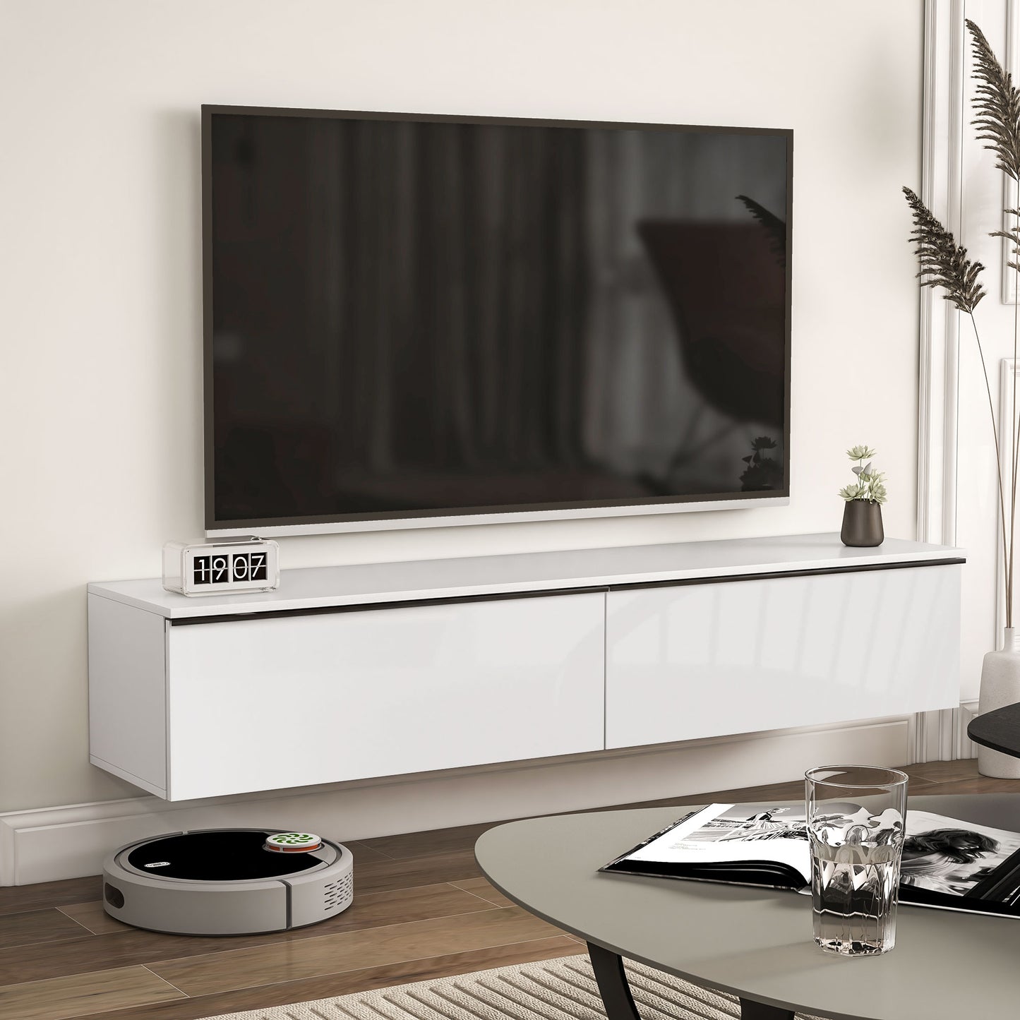 HOMCOM 60cm High Gloss Floating TV Unit Stand for TVs up to 70", Wall Mounted TV Cabinet with Storage Cupboards, White