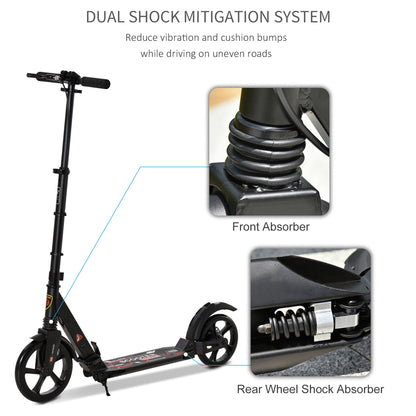 HOMCOM ick Scooter, Folding 2 Wheel Scooter for 14+ Teens Adults, with Dual Brake System, Dual Suspension, 230mm Big Wheels, 3 Adjustable Handlebar, up to 100KG, Black