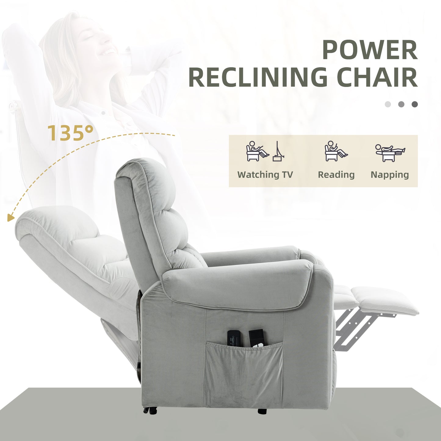 HOMCOM ibration Massage Rise and Recliner Chair, Electric Power Lift Recliner with Remote Control and Side Pockets, Grey