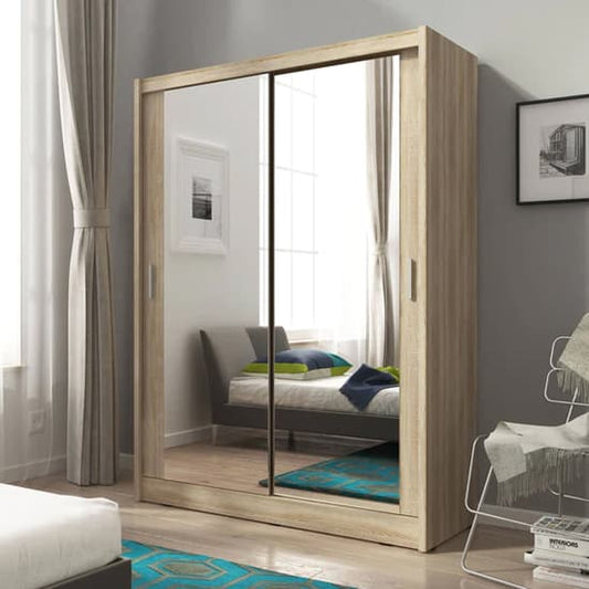 Mack Wooden Wardrobe With Mirrored Sliding 2 Door In Sonoma Oak-1