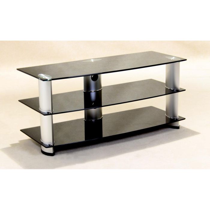 Batesville Black Glass TV Unit with 3 Tiers & Stylish Aluminium Tubes - Modern Elegance