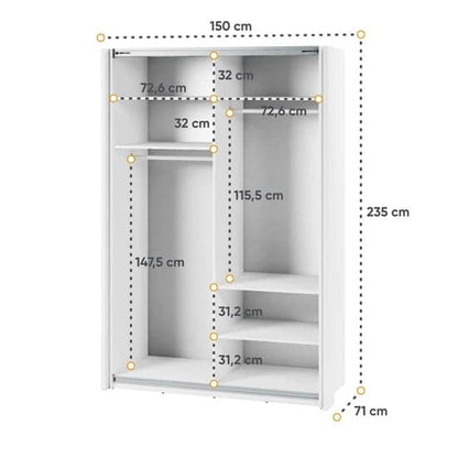 170cm White Sliding Door Wardrobe with LED Lighting and Storage Solutions