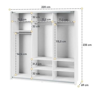 Madrid Wardrobe 220cm With Sliding 3 Doors In White And LED