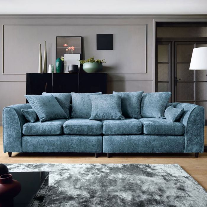 Gilliver Dark Blue Fabric Crushed Chenille 4 Seater Sofa - Deep Luxury | FURCO