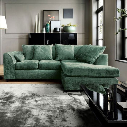 FURCO Gilliver Compact Corner Sofa in Rifle Green Crushed Chenille with Chaise and Scatter Cushions