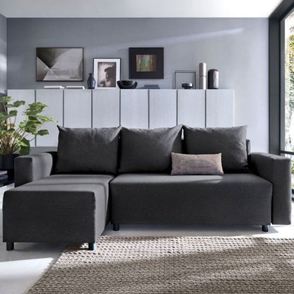 Milton Black Linen Corner Sofa Bed with Storage and Easy Conversion