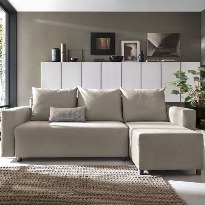 Milton Sand Fabric Corner Sofa Bed with Quick Conversion and Storage