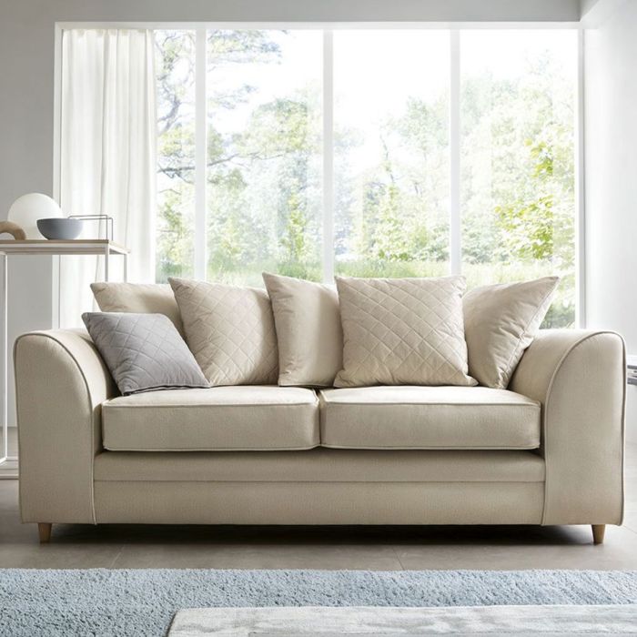 FURCO Cream Velvet 3-Seater Sofa with Hydrophobic Coating and Plush Cushions