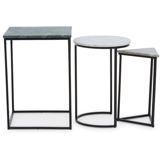 FURCO Nesting Tables Set of 3 with Marble Tops and Black Metal Frames