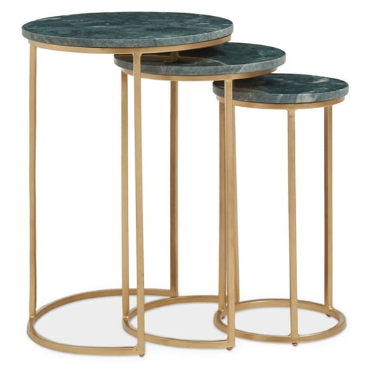 Green Marble Top Nesting Tables with Gold Frame - Set of 3