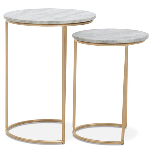 Nest of 2 Round Marble Top Coffee Tables with Gold Metal Frame