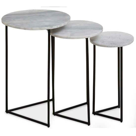 FURCO Triangular White Marble Nesting Tables with Black Metal Frames - Set of 3