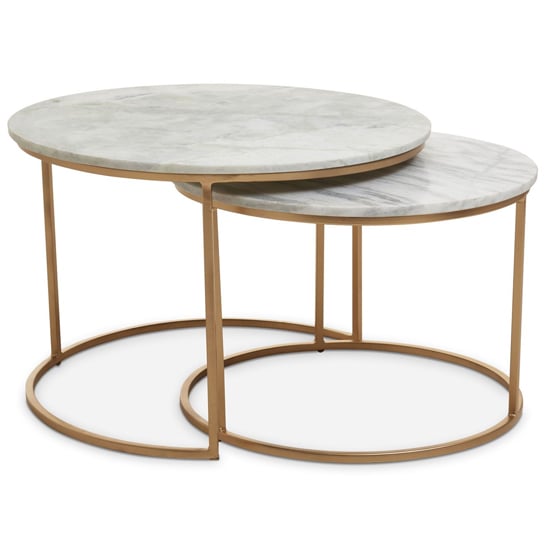 Set of 2 Nesting Round Coffee Tables with White Marble Top and Gold Frame