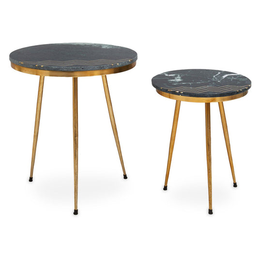 Green Marble Top Side Tables Set of 2 with Gold Legs - Modern Luxury Design