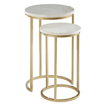 Maren Tall White Marble Top Nesting Tables with Gold Metal Frames - Set of 2