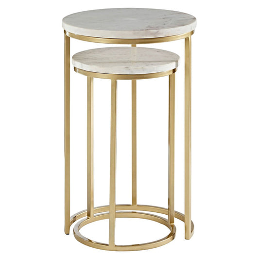 Maren Tall White Marble Top Nesting Tables with Gold Metal Frames - Set of 2