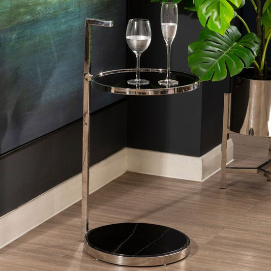 Luxury Black Glass and Marble End Table with Silver Stainless Steel Frame