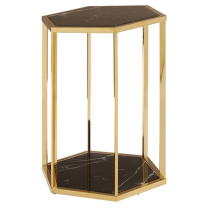 FURCO Markeb Hexagonal Black Marble End Table with Gold Stainless Steel Frame