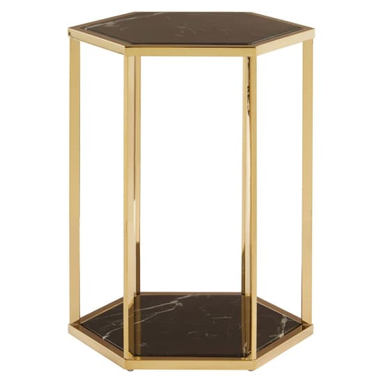 FURCO Markeb Hexagonal Black Marble End Table with Gold Stainless Steel Frame