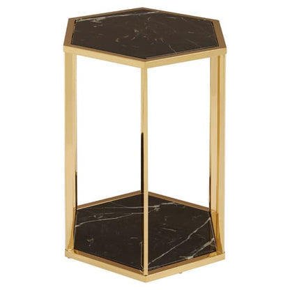 FURCO Markeb Hexagonal Black Marble End Table with Gold Stainless Steel Frame