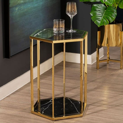 FURCO Markeb Hexagonal Black Marble End Table with Gold Stainless Steel Frame