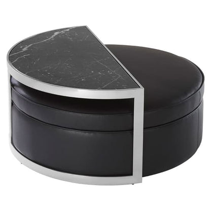 Modern Black Marble Coffee Table with Nesting Faux Leather Stool