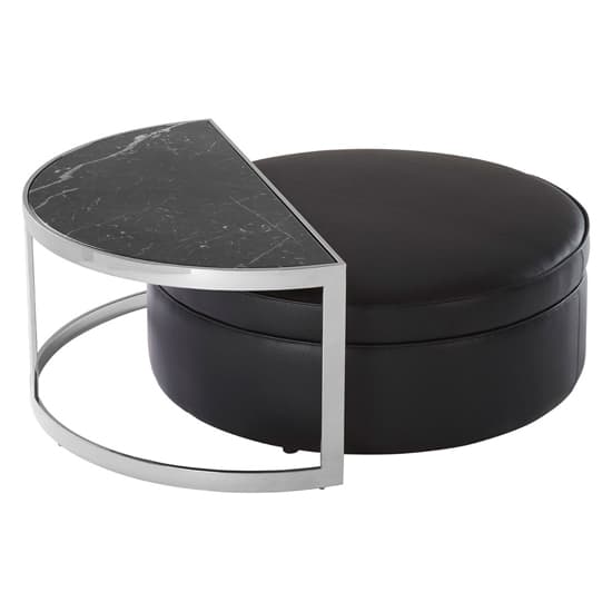 Modern Black Marble Coffee Table with Nesting Faux Leather Stool