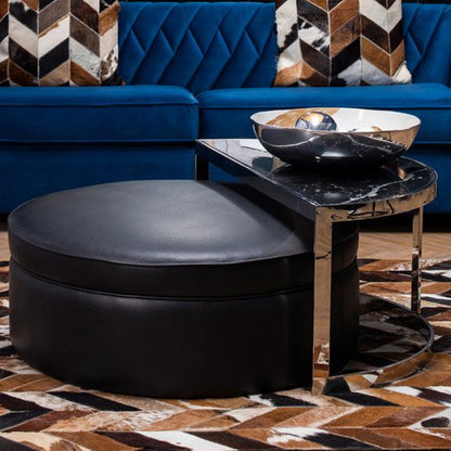 Modern Black Marble Coffee Table with Nesting Faux Leather Stool