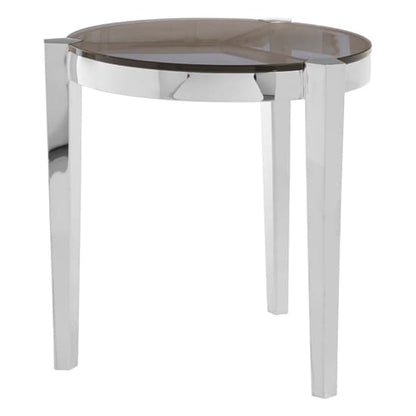 Smoky Grey Glass End Table with Silver Stainless Steel Frame for Modern Living Rooms