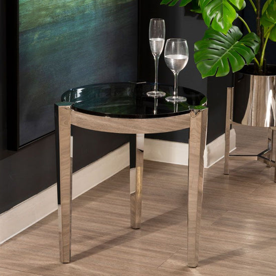 Smoky Grey Glass End Table with Silver Stainless Steel Frame for Modern Living Rooms