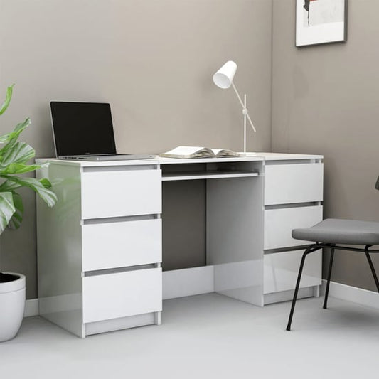 White High Gloss Laptop Desk with 6 Drawers for Home Office