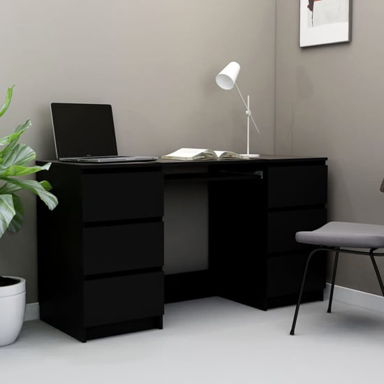 FURCO Mayra Black Wooden Desk with 6 Storage Drawers for Home Office